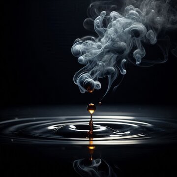 Whisps of smoke curling around molten drops falling in slow moti