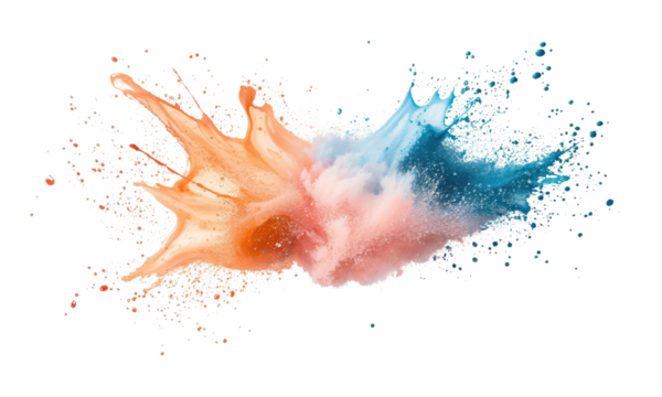 Vibrant splashes of orange and blue burst dynamically against a contrasting black background, creating a visually striking art piece that captivates and excites the viewer's imagination.