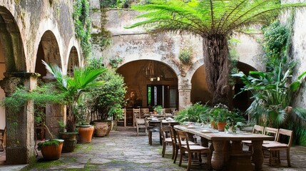 Fototapeta premium A mystical medieval setting with an ancient stone table inside the Convento dos Capuchos, evoking an air of tranquility.