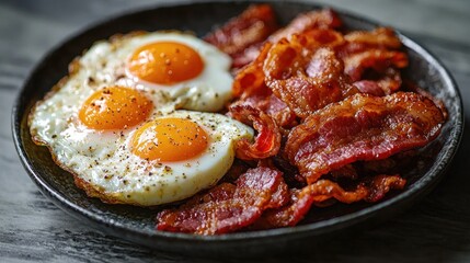 Fototapeta premium Classic breakfast sunny side eggs and crispy bacon on a plate, food shot