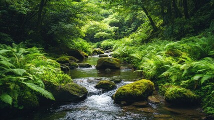 Obraz premium A picturesque Japanese brook winding through a lush forest, framed by rich green ferns and mossy rocks.