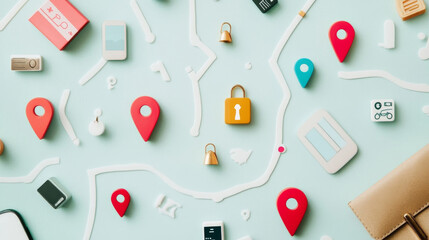 Colorful map pins and icons light blue background, representing navigation and location services. arrangement includes various shapes like locks and phones, evoking sense of exploration and
