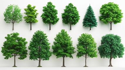 Fototapeta premium Collection of various green trees with distinct shapes and foliage displayed against a white background