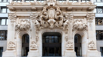 Ornate building entrance, city street background, architectural detail, commercial use