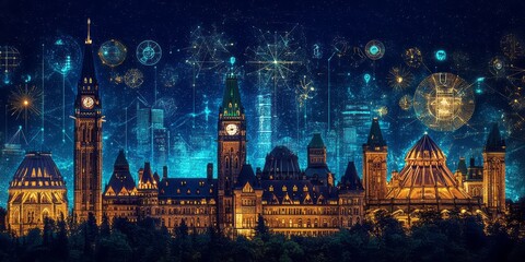 Fototapeta premium Illuminated parliament buildings stand against a digital network backdrop