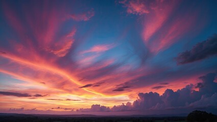 A breathtaking sunset showcasing vibrant pink and purple clouds stretching across the sky, illuminating the horizon with enchanting colors