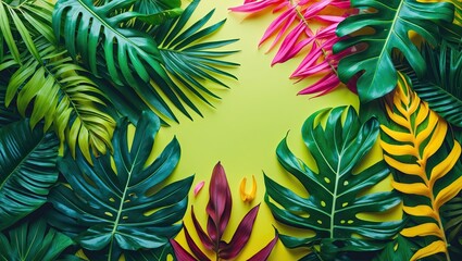 Vibrant arrangement of tropical leaves in various colors framing a light yellow background, creating a refreshing and lively atmosphere