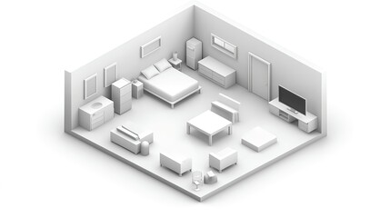 Isometric Line Drawing of Apartment Interior in Black and White Design