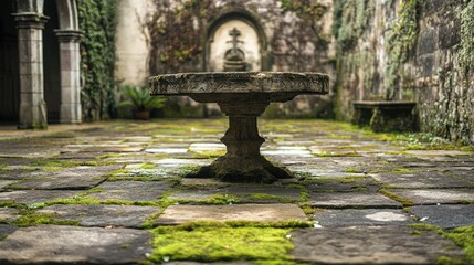 Obraz premium Atmospheric view of a medieval stone table at the Convento dos Capuchos, with overgrown ivy and mossy stone floors.