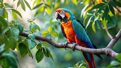 Obraz premium Vibrant macaw perched on a tree branch surrounded by lush green foliage, showcasing colorful plumage with an intricate blend of blue, green, orange