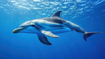 Obraz premium Dolphin Swimming underwater in bright ocean. Water surface and sunrays background
