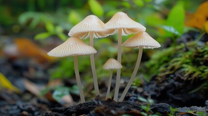 Detailed shot of Mycena inclinata mushrooms with delicate stems and umbrella-like caps, growing in the wild.