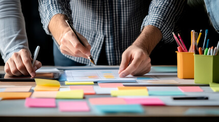 team collaborating on project with colorful sticky notes and charts, showcasing creativity and teamwork