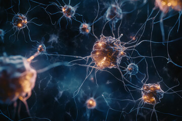 Obraz premium Neuron Network: A complex network of neurons intricately connected, illuminated with a warm, golden light against a deep, shadowy backdrop, symbolizing the intricate nature of the mind.