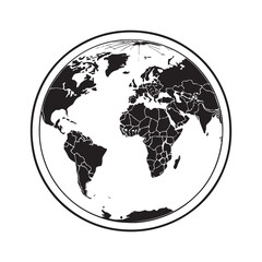 Minimalistic Black and White Globe Vector Illustration with Circular Border, Featuring High-Contrast Silhouette of North America, South America, Europe, and Africa for Maps, Environment, and Global Co