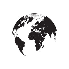 Minimalistic Black and White Globe Vector Illustration with Circular Border, Featuring High-Contrast Silhouette of North America, South America, Europe, and Africa for Maps, Environment, and Global Co