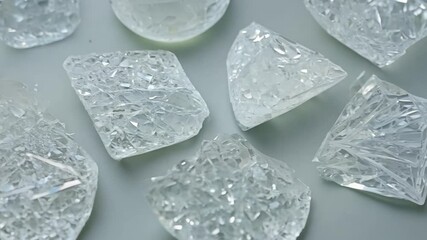 The camera slowly pans across a scattered collection of frosted glass shards on a neutral surface, showing their varied sizes and shapes in even ambient light - Powered by Adobe