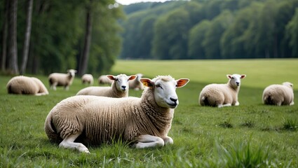 Fototapeta premium A serene pastoral scene featuring sheep grazing peacefully on lush green grass in a tranquil meadow with trees in the background