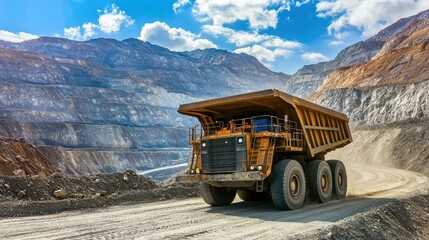 Earthmoving truck loaded with soil, navigating the rough roads of an open-pit mine, with towering rock formations in the distance.