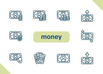 Money icons. Cash, payment, finance, currency, savings, investment, wealth vector icon set