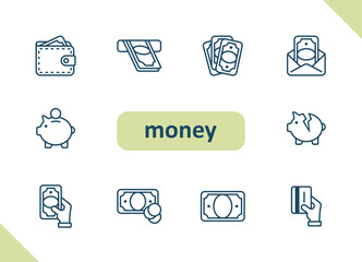 Money icons. Cash, payment, finance, currency, savings, investment vector icon set