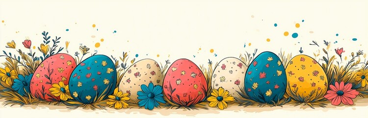Banner with decorated Easter eggs nestled among blooming flowers