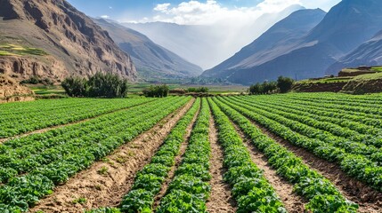 Farming in the desert captured in a stunning panoramic shot, where potato fields flourish under an efficient irrigation system.