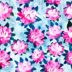 Seamless pattern of abstract painting pink flowers, original hand drawn, impressionism style, color texture, brush strokes of paint,  art background.