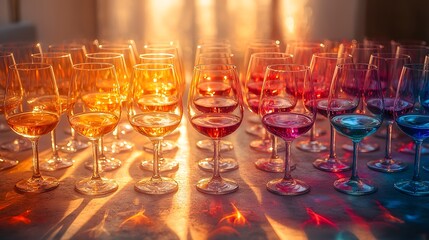 Vibrant Wine Glasses Reflecting Lighting on Elegant Tabletop