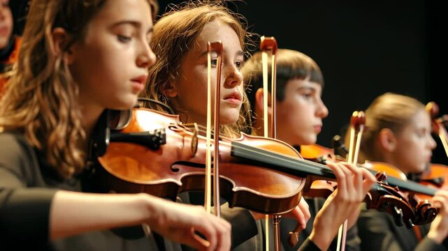 Group of young musicians performing with violins at a local school event in the evening, showcasing their talent in a collaborative art presentation