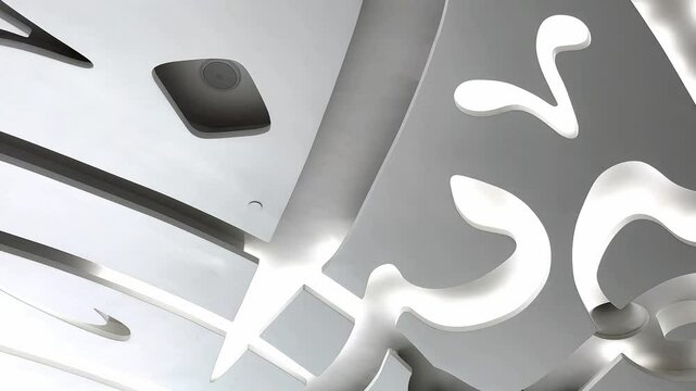 Illustrating shot of Arabic calligraphy, Museum of the Future, Dubai, silver words reflecting light