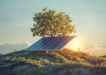 Solar panel tree landscape at sunrise - renewable energy in nature