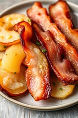 Crispy bacon strips with roasted potatoes on a rustic plate