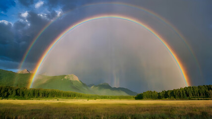 Obraz premium rainbow over the lake, rainbow over the field, rainbow over the river, rainbow over the mountains, rainbow in the mountains