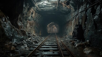 Naklejka premium Haunting mine tunnel, with dim light casting eerie shadows on the damp rock walls of an abandoned underground passage.