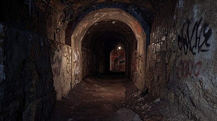 Obraz premium Haunted-looking mining tunnel, where flickering lantern light reveals faded graffiti and crumbling walls.