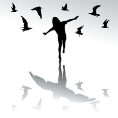 Silhouette of a child surrounded by flying birds imagining that he has wings and flies with the birds.eps