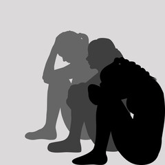 Set of three silhouettes of sad women sitting on the floor