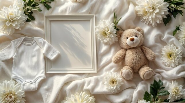 empty square frame for mockup, with a teddy bear beside it, surrounded by white flowers
