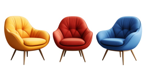 set of three modern chairs in different colors