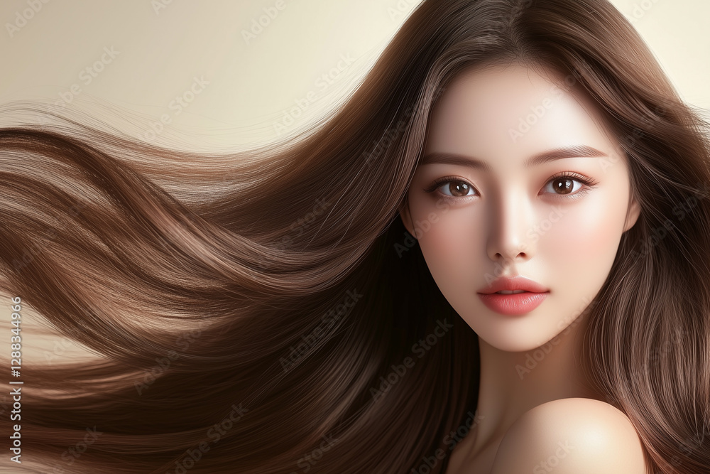 Poster かわいいアジア人女性モデル。美しい髪が靡き、美しい肌が輝くヘアケアや美容のイメージ画像。	