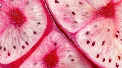 Close-up of sliced dragon fruit with vibrant pink skin and white flesh dotted with seeds, leaving space around for copy.
