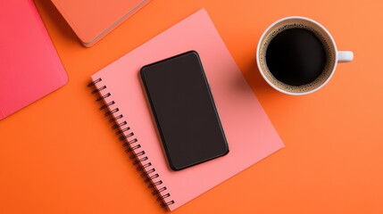 Flat lay of a business workspace with a smartphone, notepad, and coffee cup, with clear space around for branding.