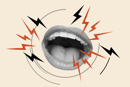 Woman open mouth with shouting gesture with colored rays on a beige background