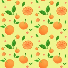 Seamless pattern, seamless pattern of oranges scattered on a bright yellow background decorated with green leaves. Suitable for designing textiles, backgrounds, wrapping paper and graphics.