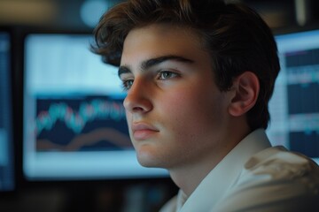 Scene of a young male trader analyzing stock charts on a computer, encapsulating the focus required in modern trading environments.