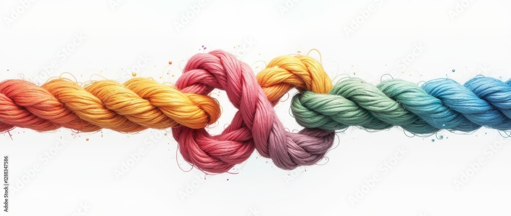 Poster Colorful ropes intertwining in a vibrant display of unity, showcasing a beautiful array of textures and hues against a pristine white background