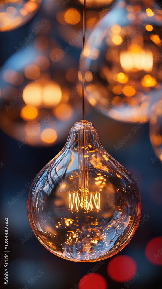 Poster close-up of glowing vintage filament light bulbs hanging in the dark, showcasing warm light reflecti