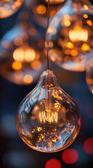 Close-up of glowing vintage filament light bulbs hanging in the dark, showcasing warm light reflections and creating a soft bokeh background, symbolizing creativity and warmth.