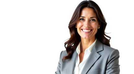 Smiling confident businesswoman headshot isolated on transparent background. Professional executive portrait for corporate website, LinkedIn profile, marketing materials, and business use.